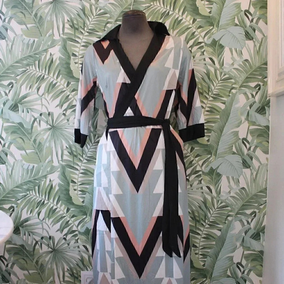 Fashion Long Sleeve V-Neck SHAPED Retro MCM Geometry Printed Wrap Midi Dress - Picture 6 of 7